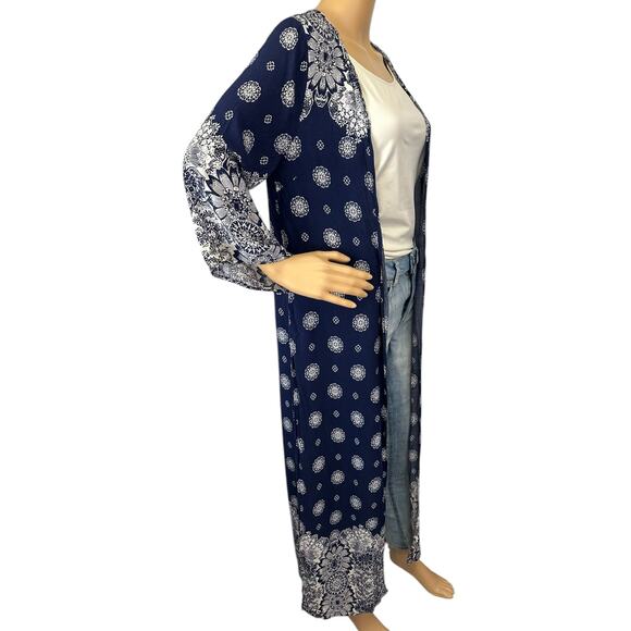 2/$30 Kori America Duster Kimono Jacket Navy Blue Long Boho Size S - Picture 3 of 11